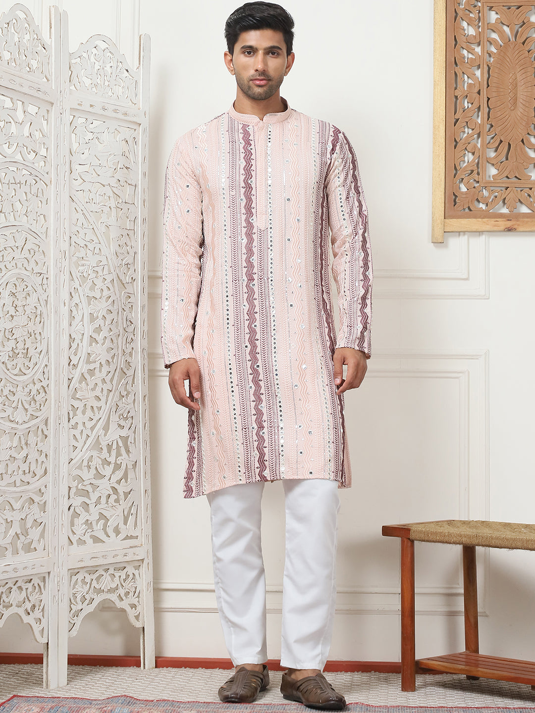 Men's Mirror Work Kurtas ( ANMKO 187Pink )  [RT] [A-4]