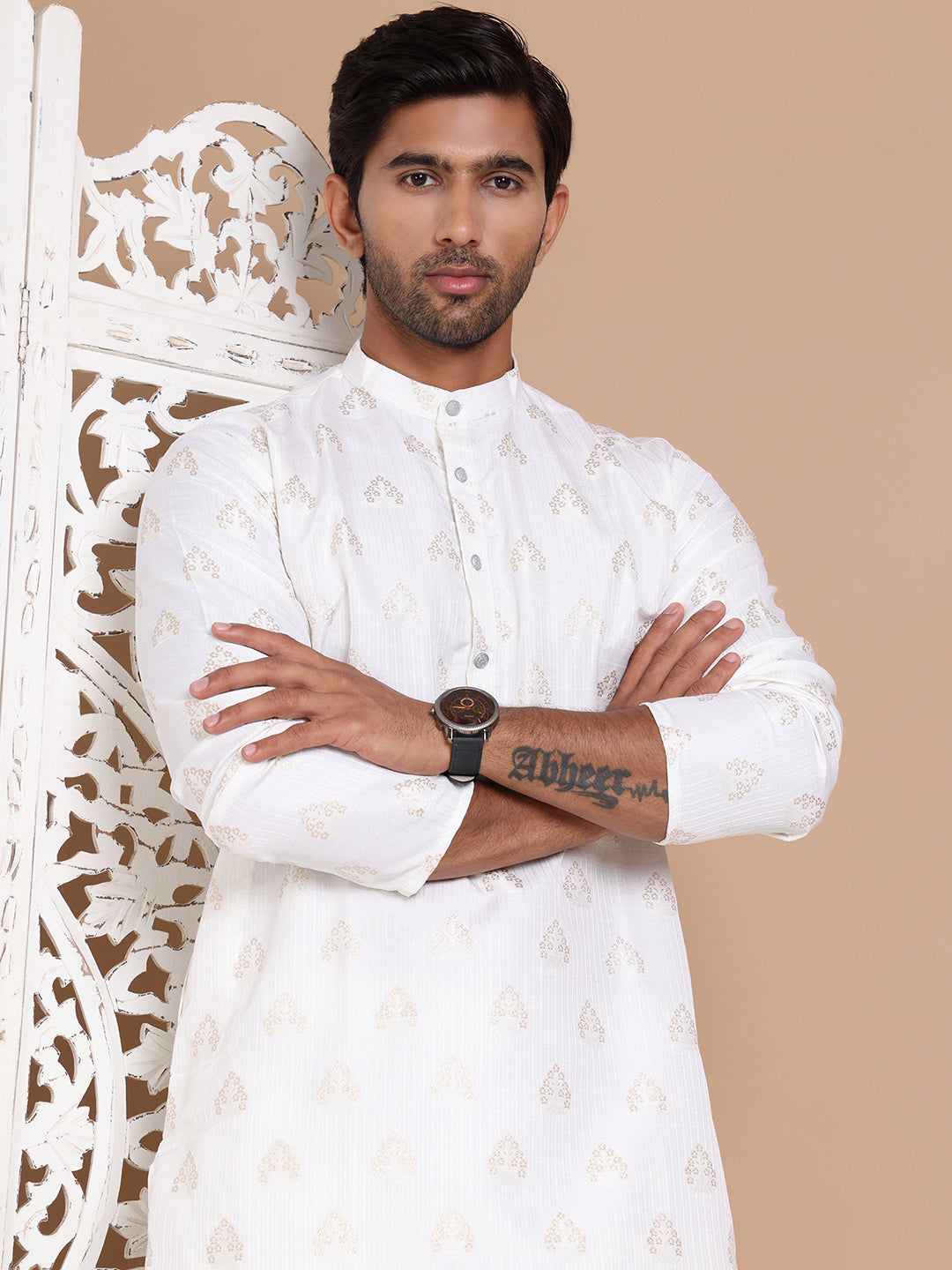 Men's Floral Printed  Kurtas ( ANMKO 188White )  [RT] [P-14]