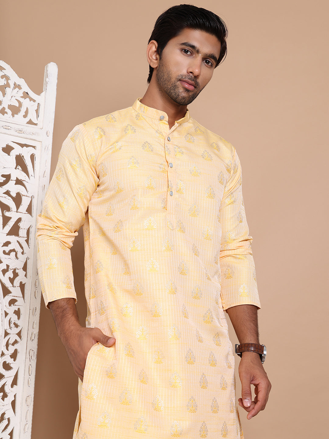 Men's Floral Printed  Kurtas ( ANMKO 188Yellow )  [RT] [P-14]