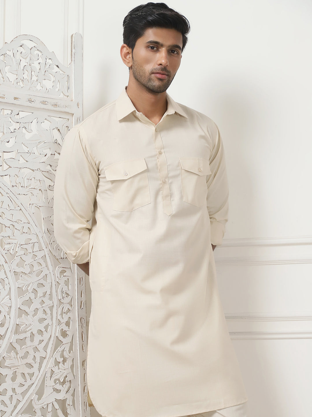 Men's Solid Pathani Kurta with Pyjama ( ANMKP 189Beige )