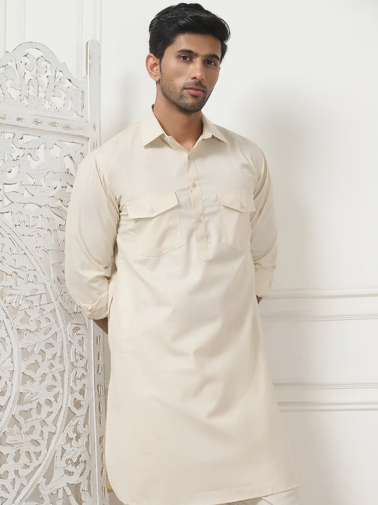 Men's Solid Pathani Kurta with Pyjama ( ANMKP 189Beige )