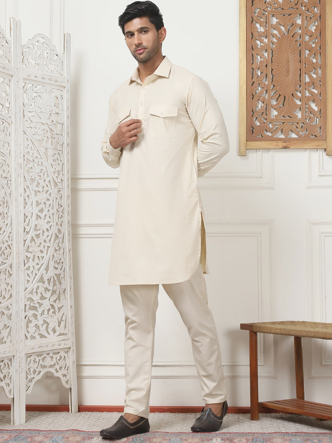 Men's Solid Pathani Kurta with Pyjama ( ANMKP 189Beige )