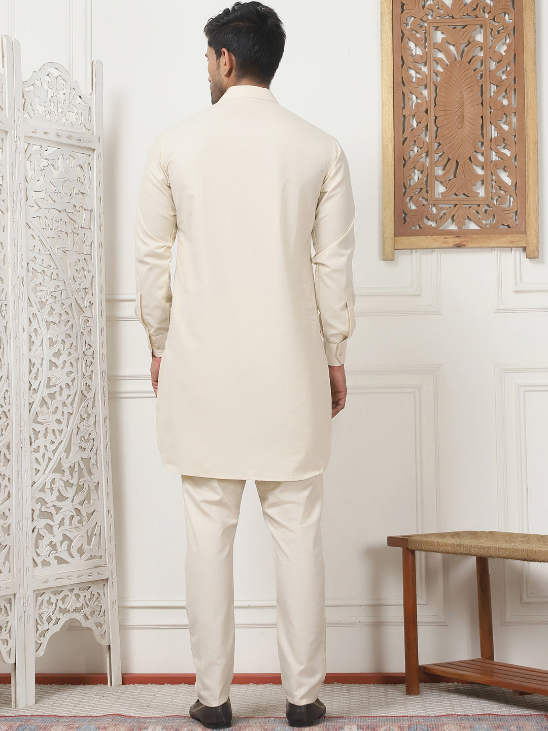 Men's Solid Pathani Kurta with Pyjama ( ANMKP 189Beige )