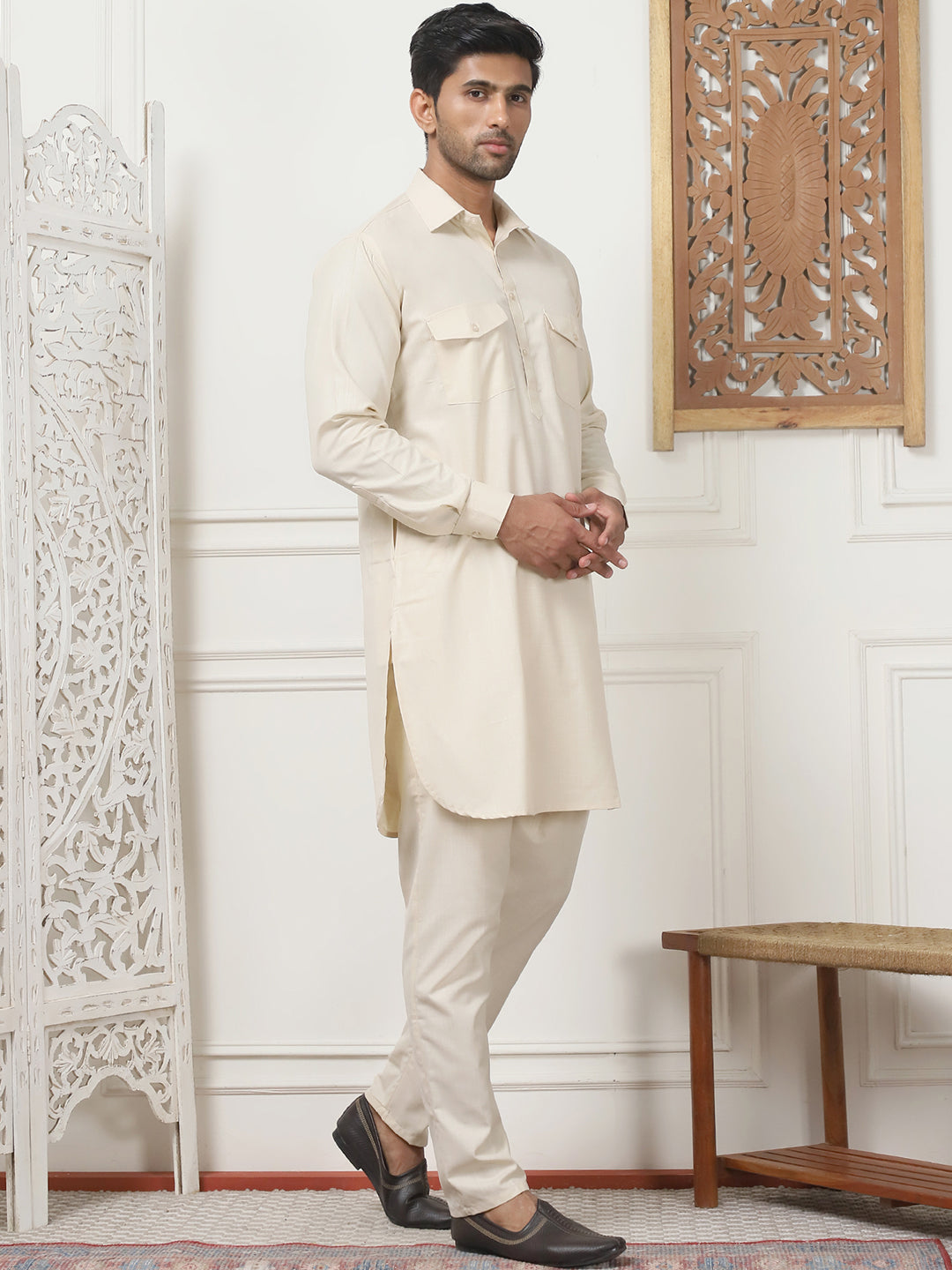 Men's Solid Pathani Kurta with Pyjama ( ANMKP 189Beige )