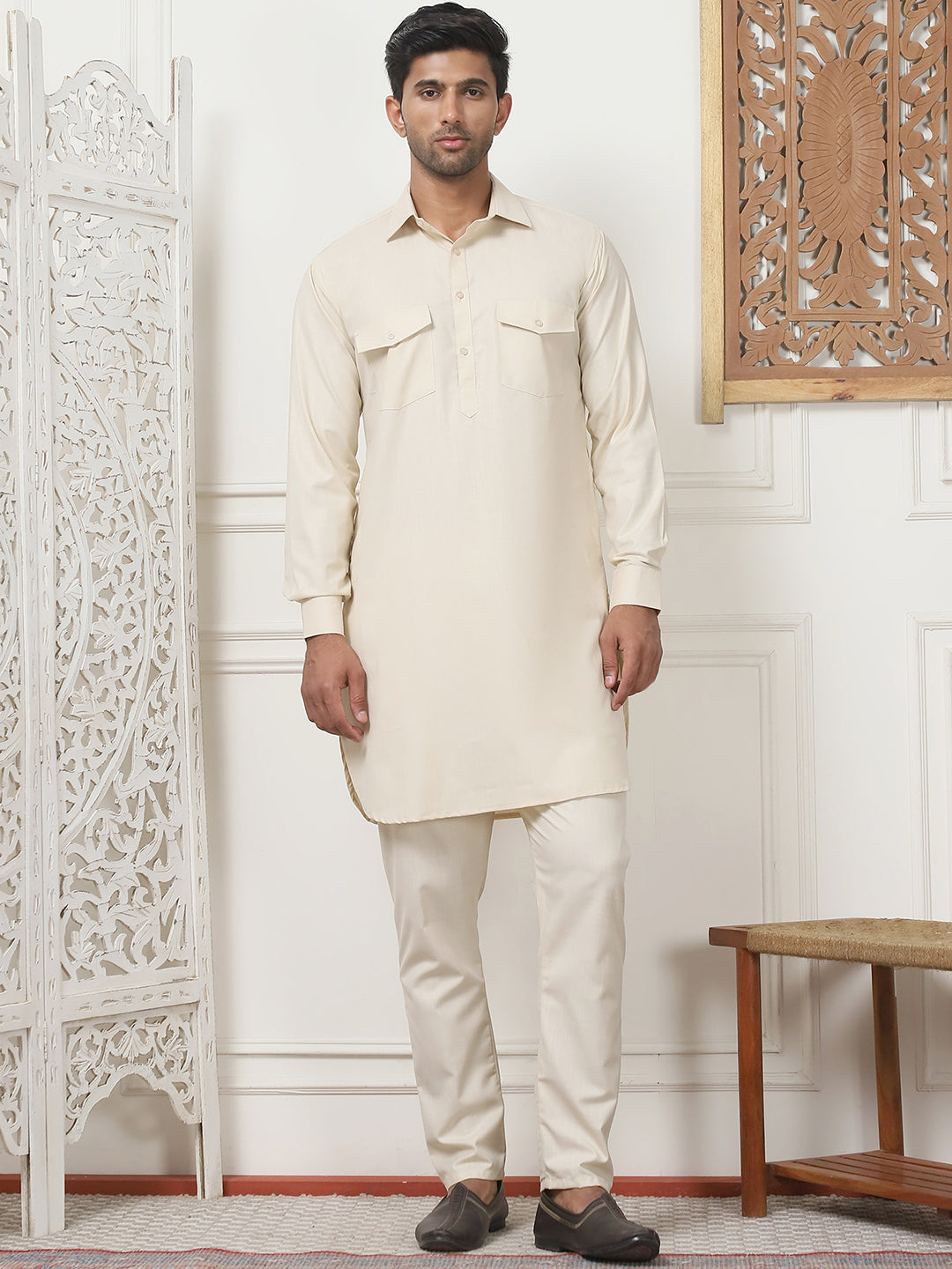 Men's Solid Pathani Kurta with Pyjama ( ANMKP 189Beige )