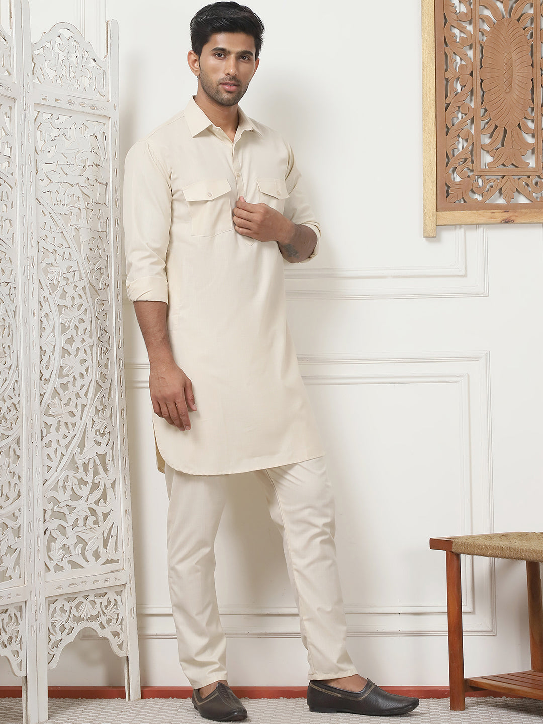 Men's Solid Pathani Kurta with Pyjama ( ANMKP 189Beige )