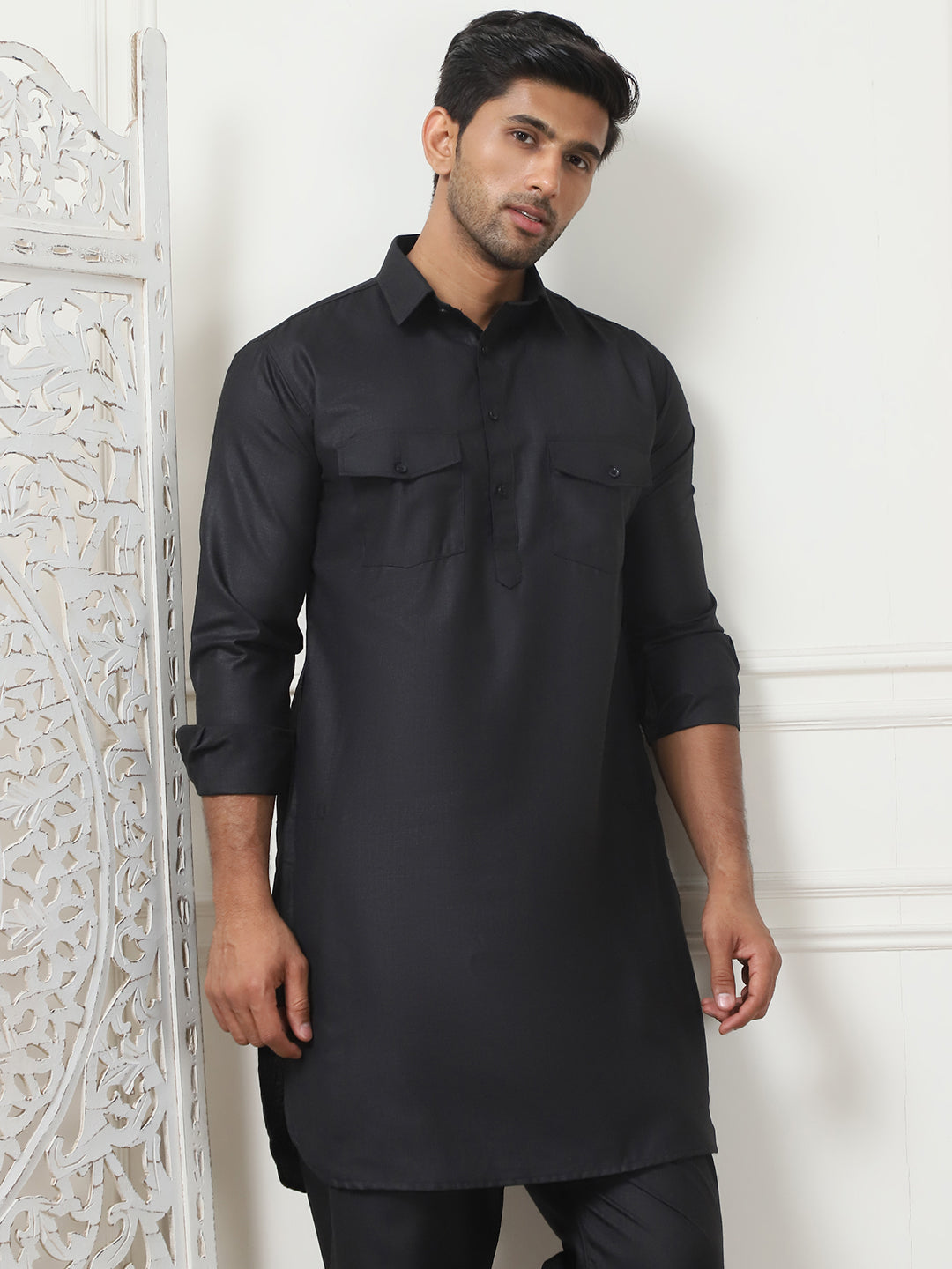 Men's Solid Pathani Kurta with Pyjama ( ANMKP 189Black )
