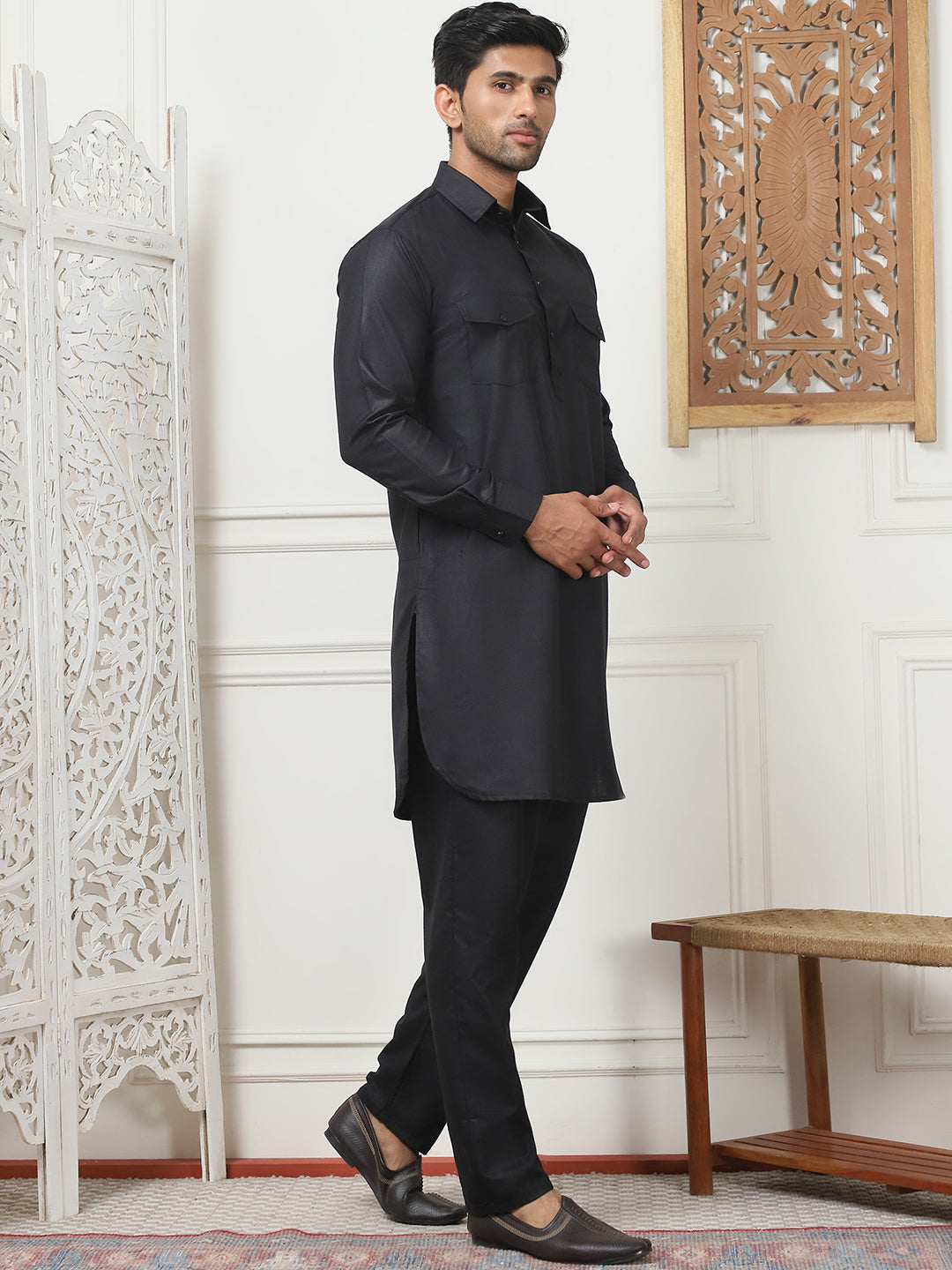 Men's Solid Pathani Kurta with Pyjama ( ANMKP 189Black )