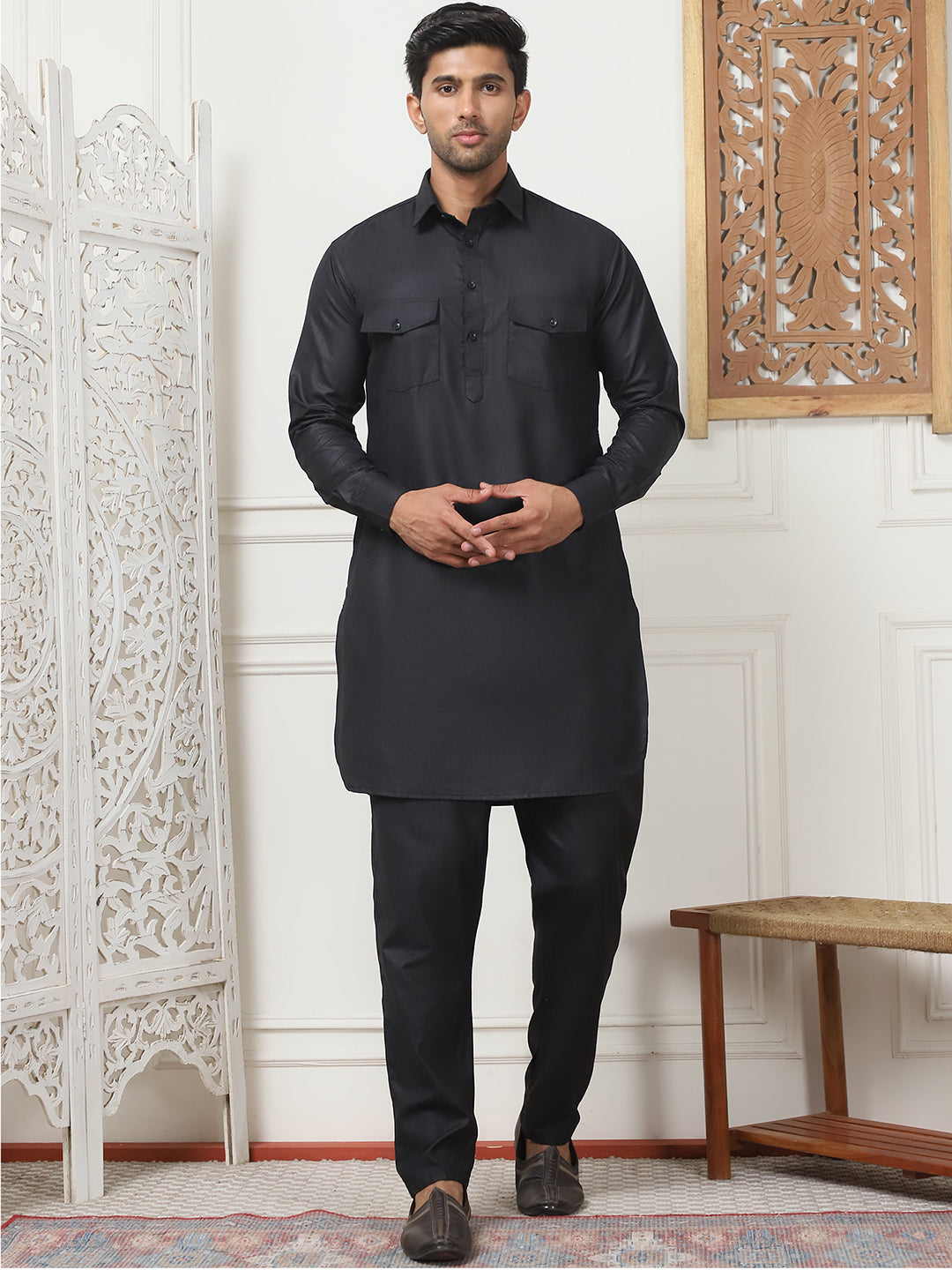 Men's Solid Pathani Kurta with Pyjama ( ANMKP 189Black )