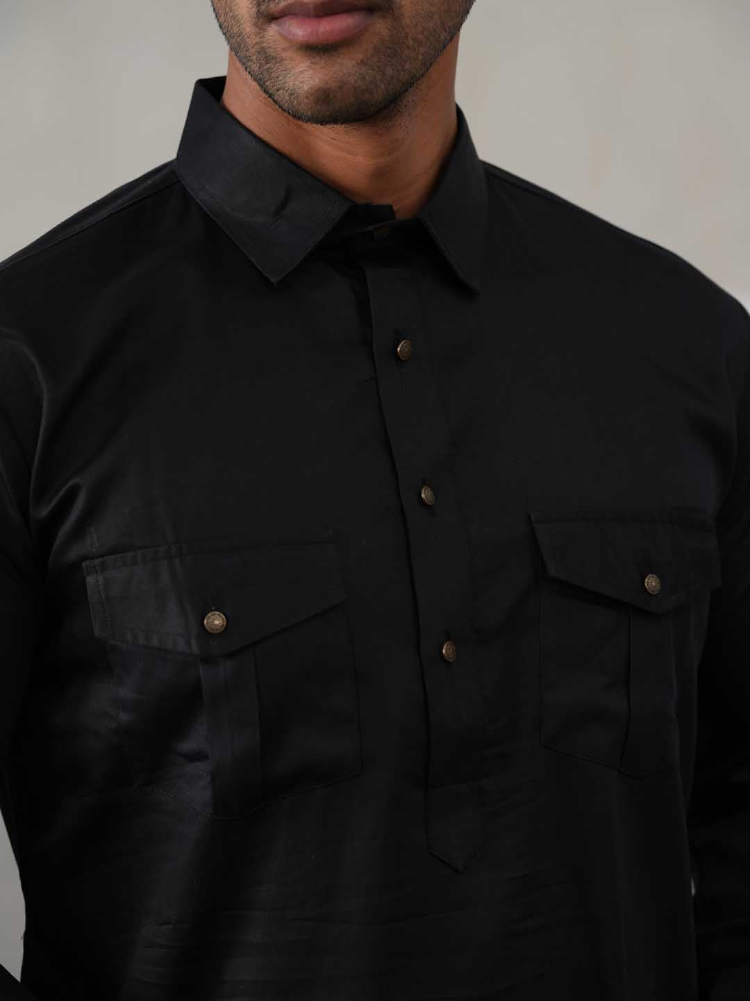Men's Solid Pathani Kurta with Pyjama ( ANMKKP 189Black )