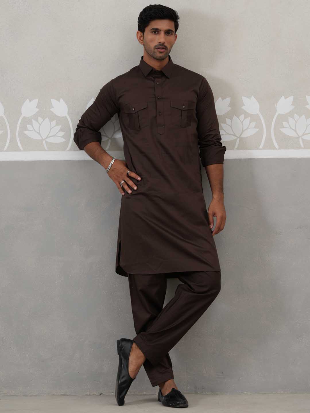 Men's Solid Pathani Kurta with Pyjama ( ANMKKP 189Coffee )