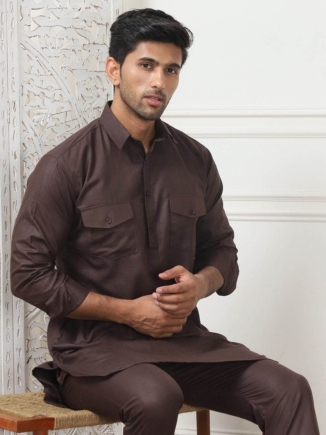 Men's Solid Pathani Kurta with Pyjama ( ANMKP 189Coffee )