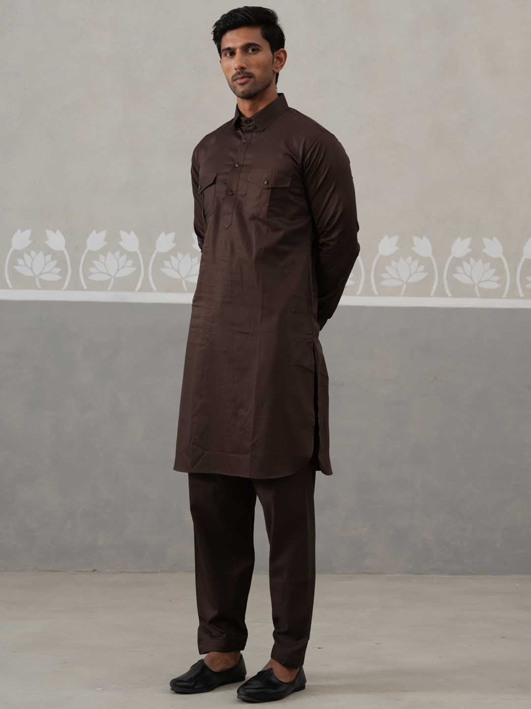 Men's Solid Pathani Kurta with Pyjama ( ANMKKP 189Coffee )