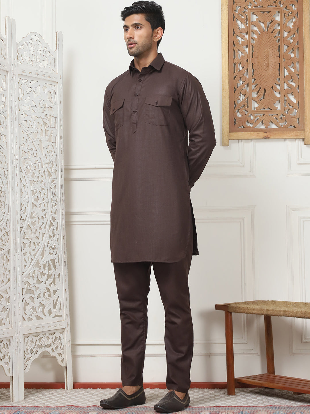 Men's Solid Pathani Kurta with Pyjama ( ANMKP 189Coffee )