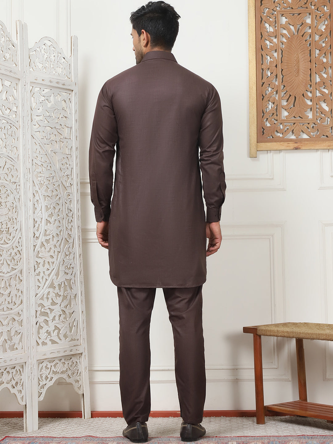 Men's Solid Pathani Kurta with Pyjama ( ANMKP 189Coffee )