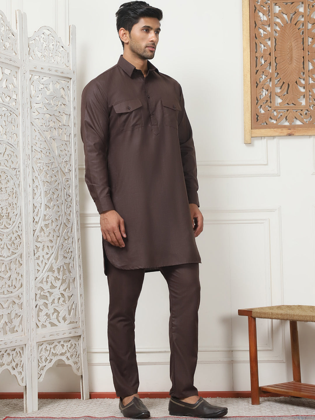 Men's Solid Pathani Kurta with Pyjama ( ANMKP 189Coffee )