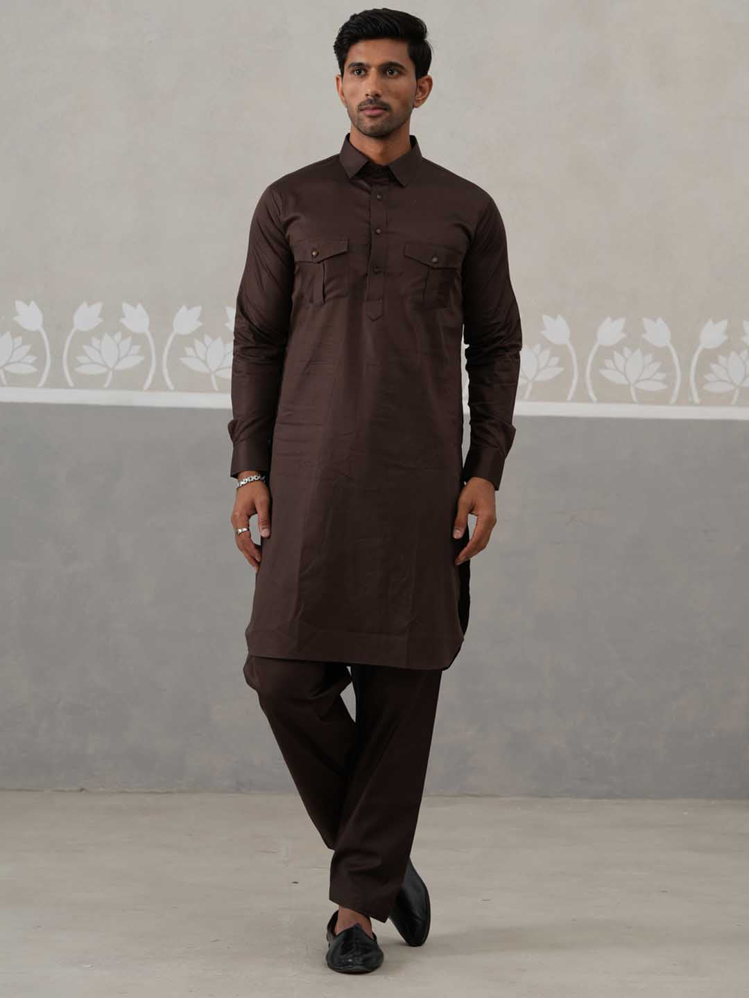 Men's Solid Pathani Kurta with Pyjama ( ANMKKP 189Coffee )