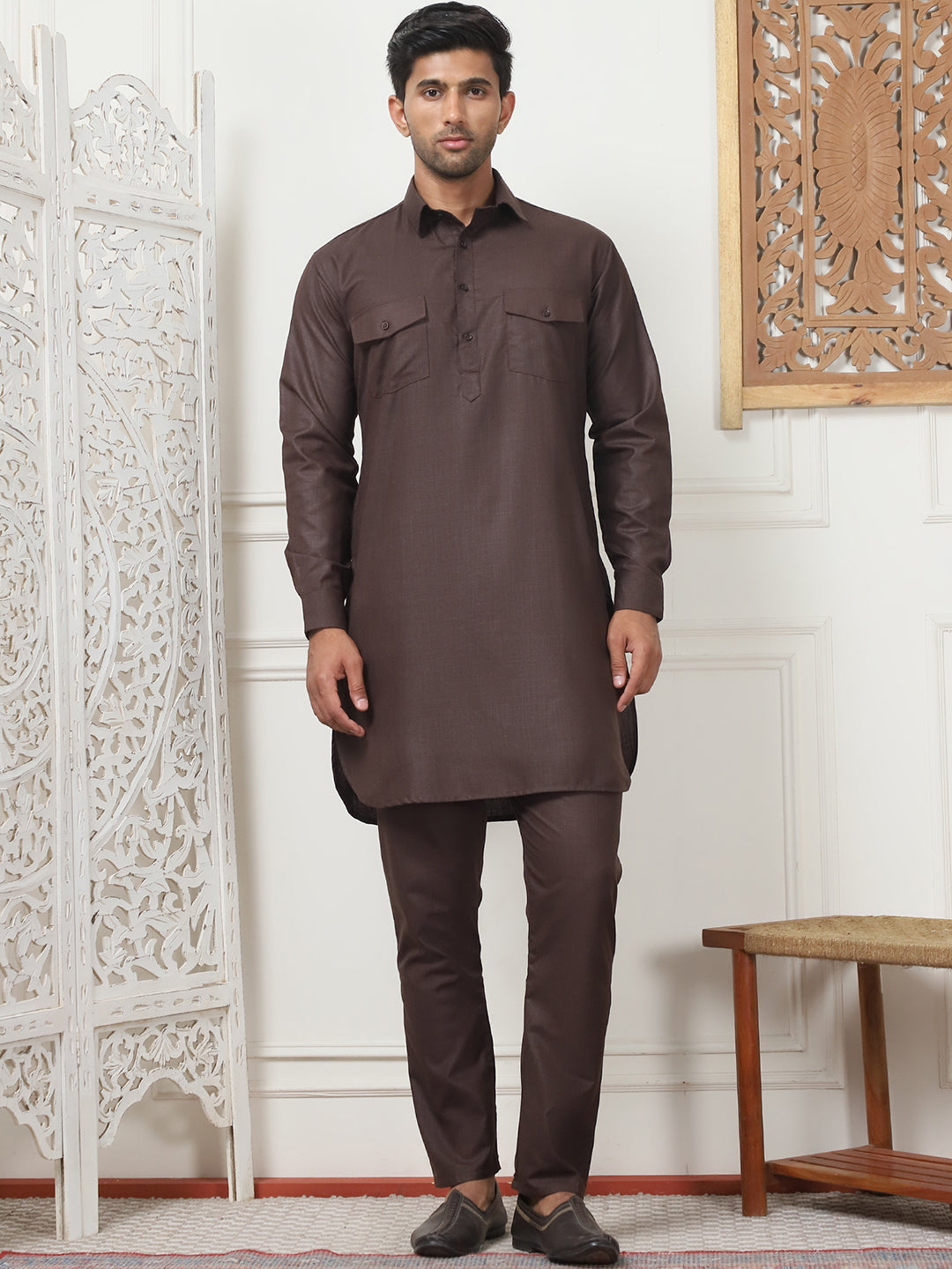 Men's Solid Pathani Kurta with Pyjama ( ANMKP 189Coffee )