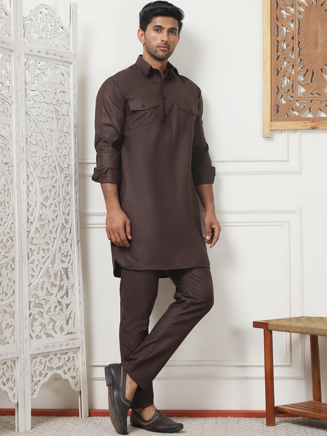 Men's Solid Pathani Kurta with Pyjama ( ANMKP 189Coffee )