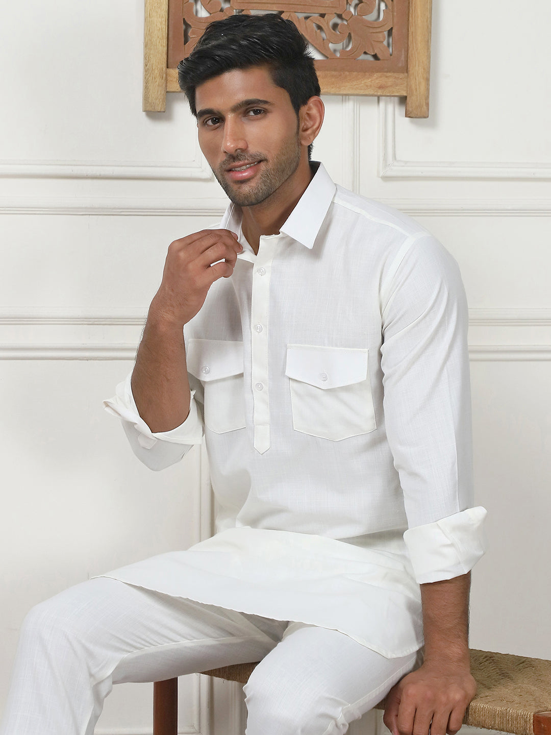 Men's Solid Pathani Kurta with Pyjama ( ANMKP 189Cream )
