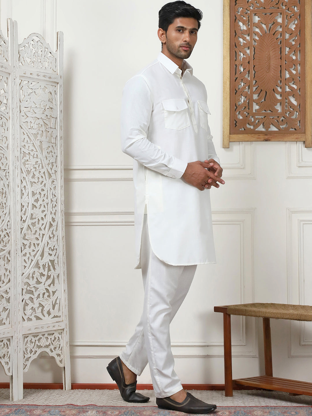 Men's Solid Pathani Kurta with Pyjama ( ANMKP 189Cream )