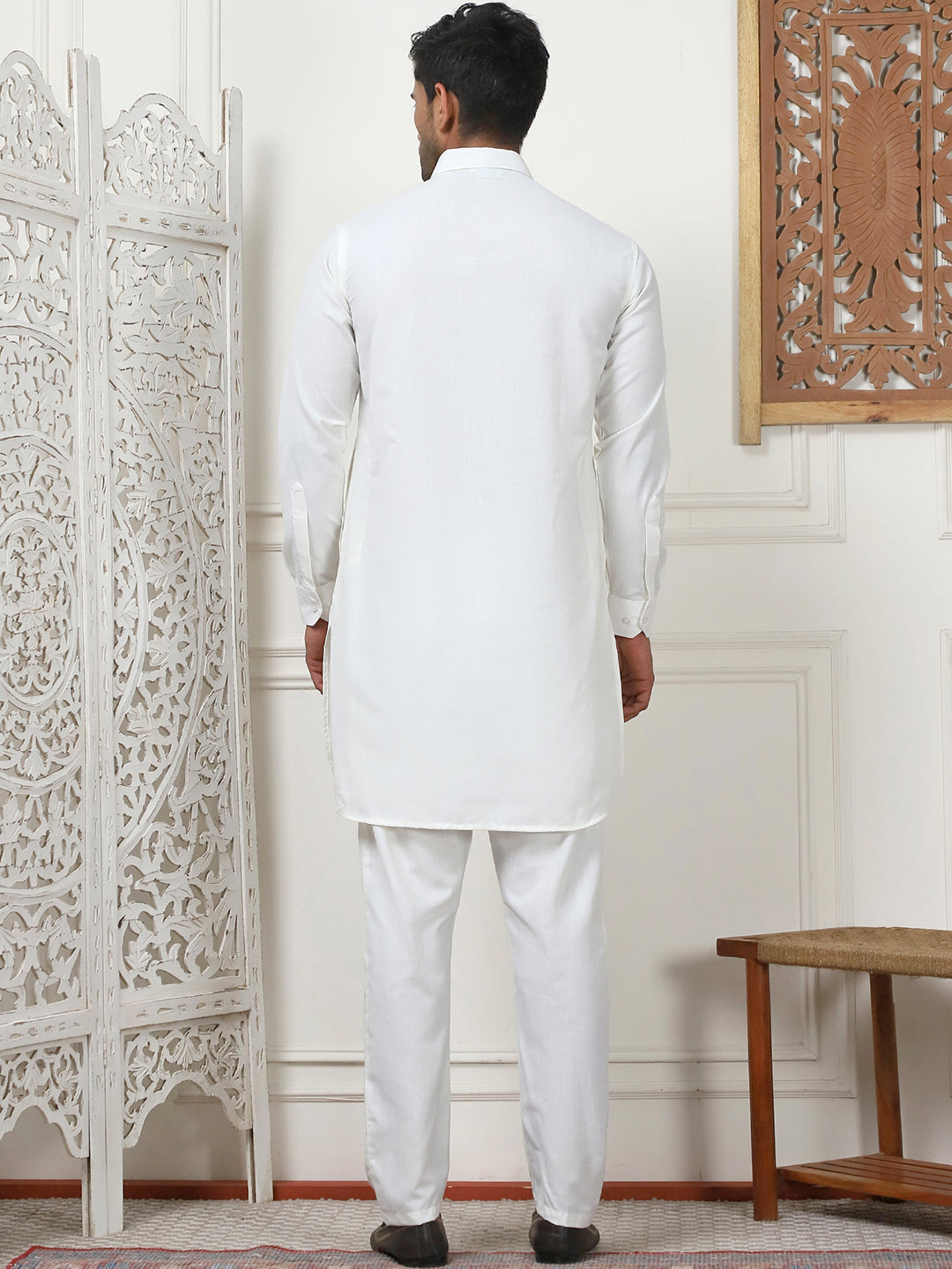 Men's Solid Pathani Kurta with Pyjama ( ANMKP 189Cream )