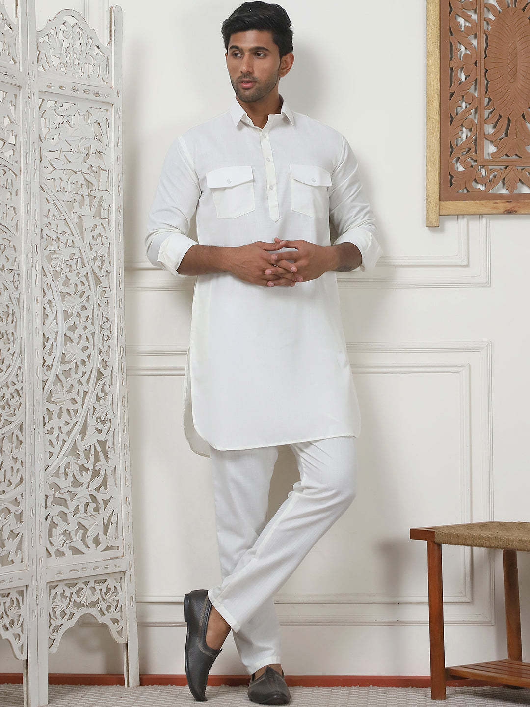Men's Solid Pathani Kurta with Pyjama ( ANMKP 189Cream )
