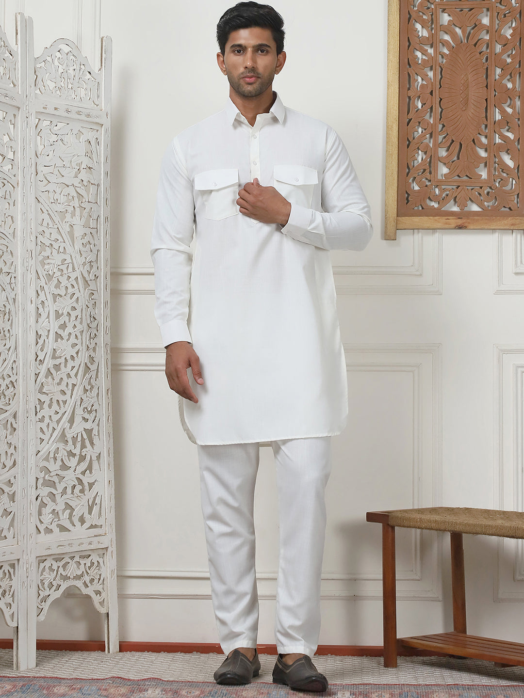 Men's Solid Pathani Kurta with Pyjama ( ANMKP 189Cream )