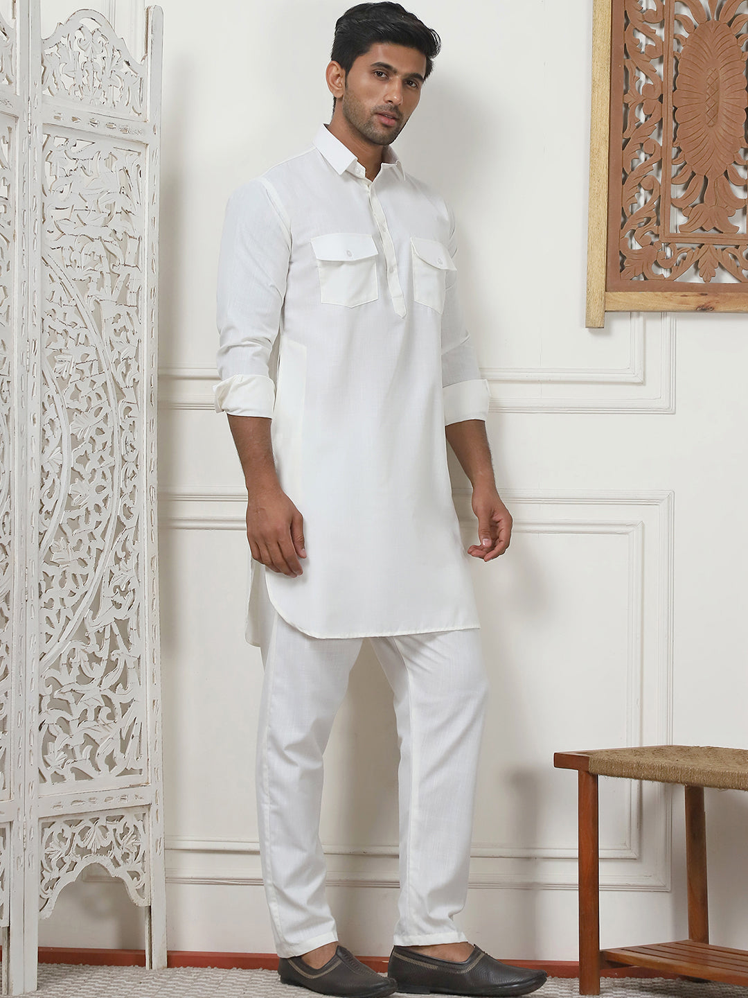 Men's Solid Pathani Kurta with Pyjama ( ANMKP 189Cream )