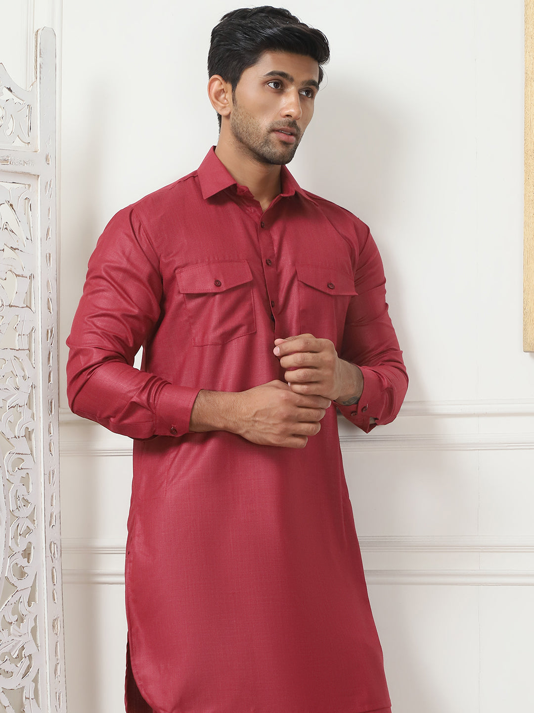 Men's Solid Pathani Kurta with Pyjama ( ANMKP 189Maroon )