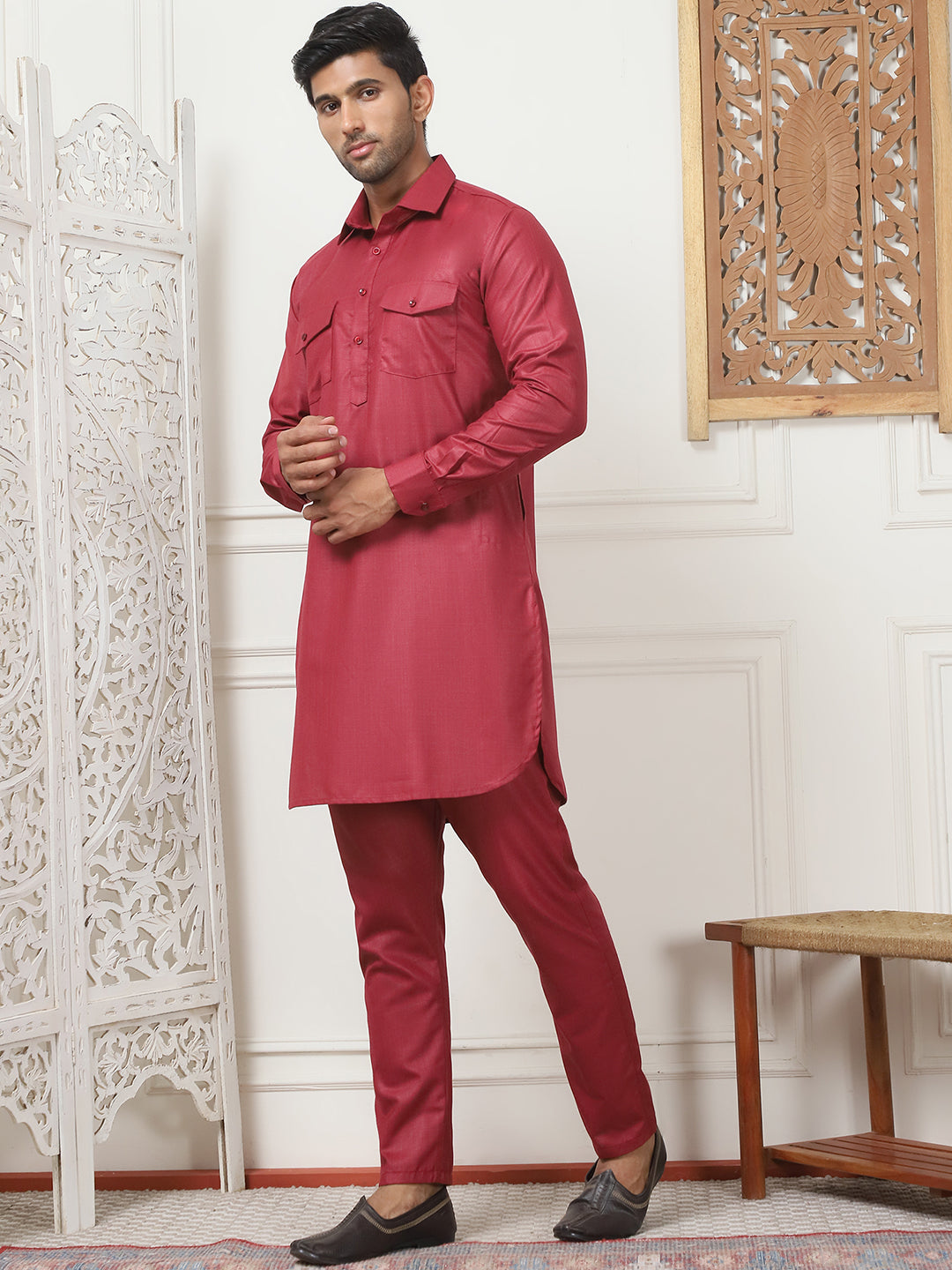 Men's Solid Pathani Kurta with Pyjama ( ANMKP 189Maroon )