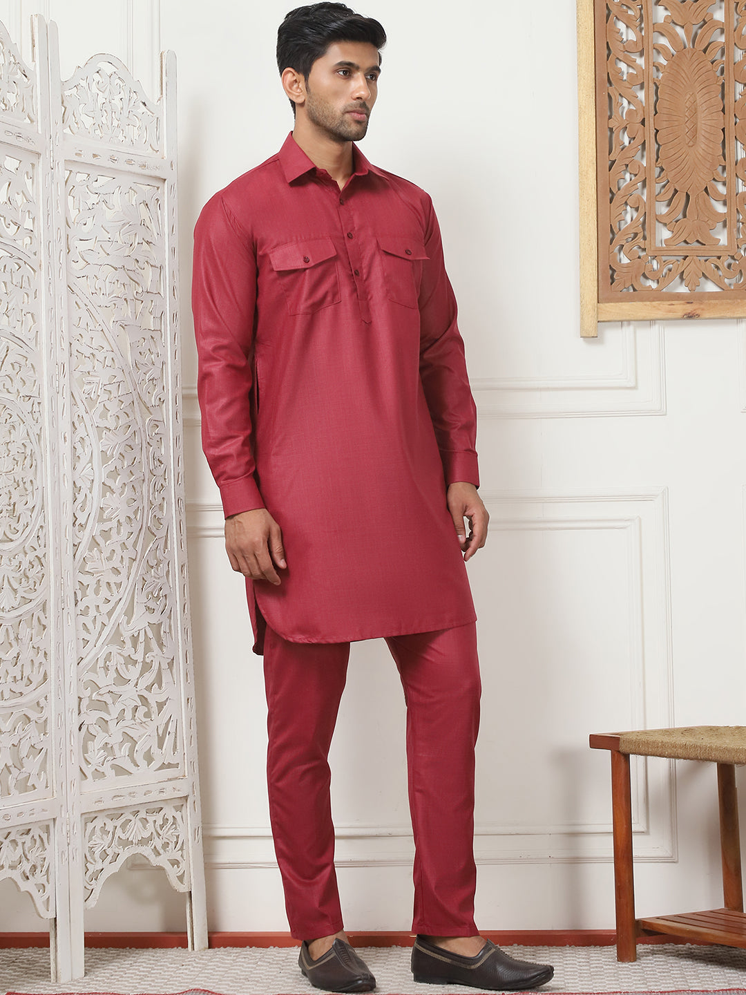 Men's Solid Pathani Kurta with Pyjama ( ANMKP 189Maroon )