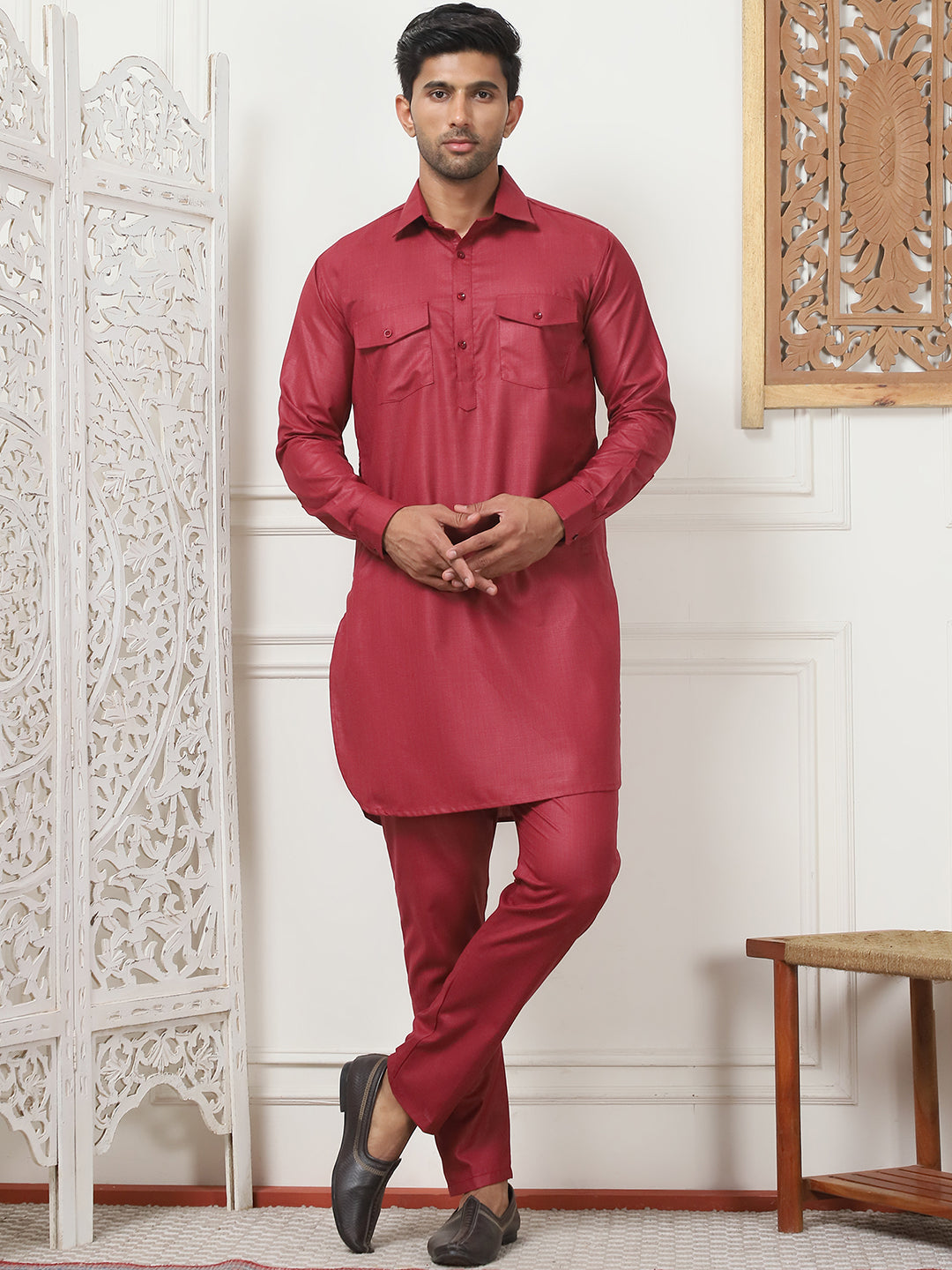 Men's Solid Pathani Kurta with Pyjama ( ANMKP 189Maroon )