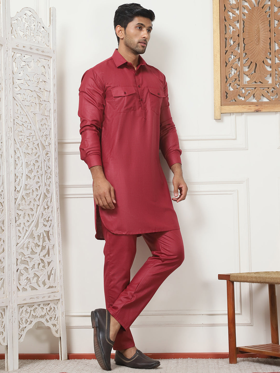 Men's Solid Pathani Kurta with Pyjama ( ANMKP 189Maroon )