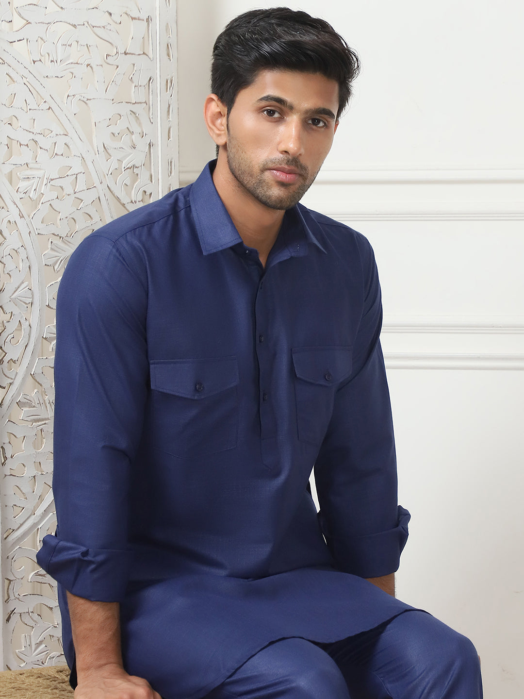 Men's Solid Pathani Kurta with Pyjama ( ANMKP 189Navy )
