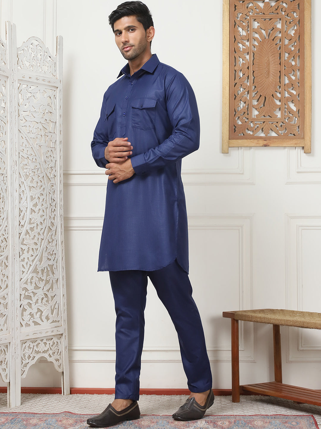 Men's Solid Pathani Kurta with Pyjama ( ANMKP 189Navy )