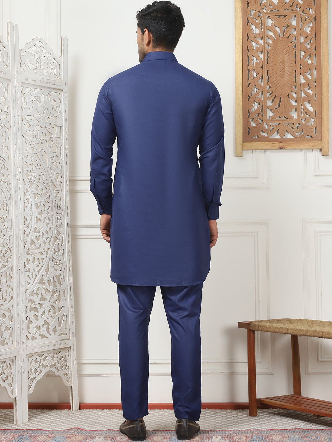 Men's Solid Pathani Kurta with Pyjama ( ANMKP 189Navy )