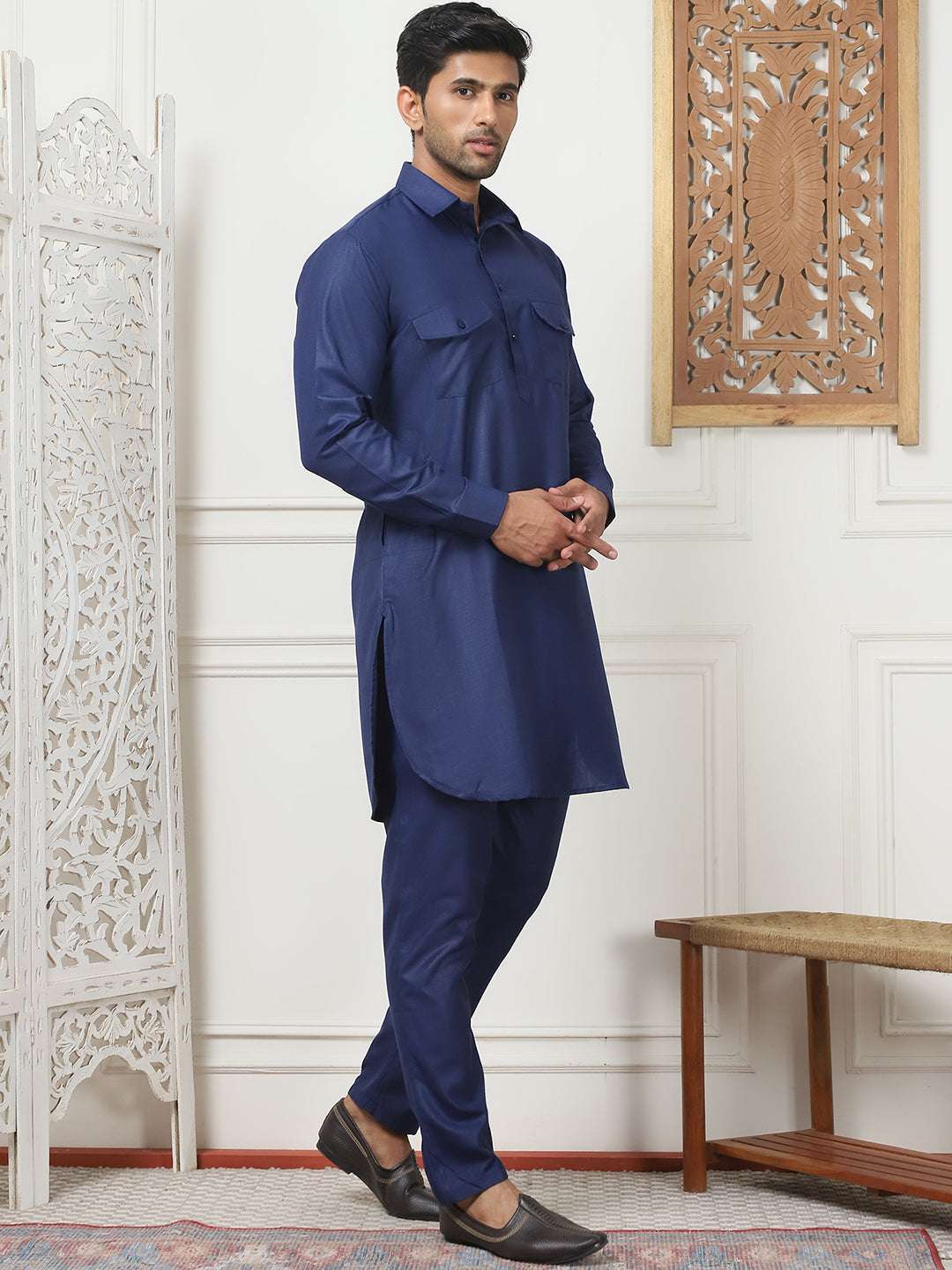 Men's Solid Pathani Kurta with Pyjama ( ANMKP 189Navy )