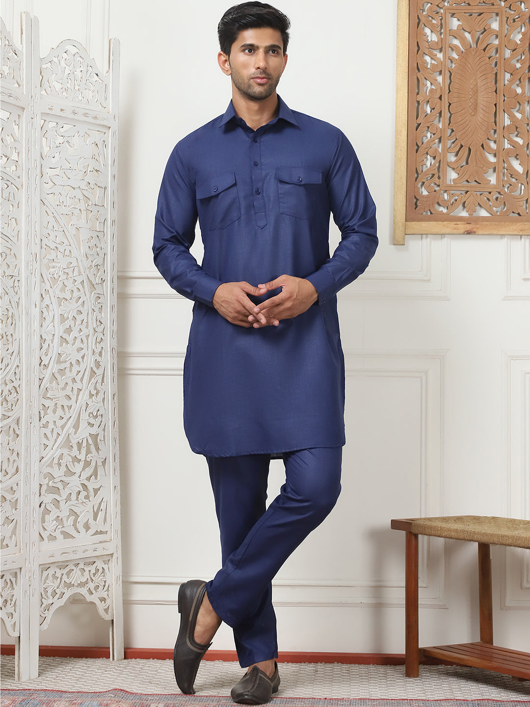 Men's Solid Pathani Kurta with Pyjama ( ANMKP 189Navy )
