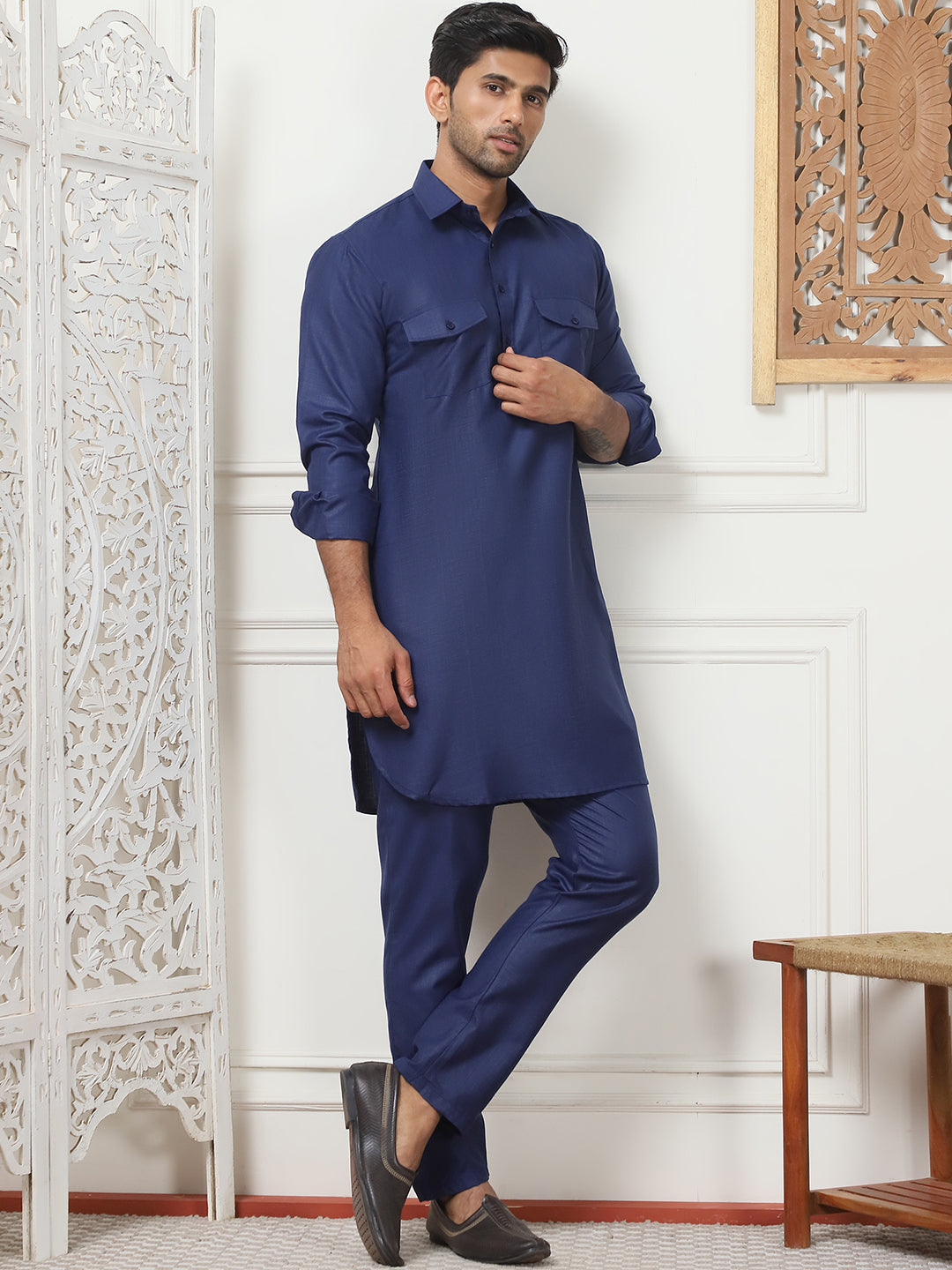 Men's Solid Pathani Kurta with Pyjama ( ANMKP 189Navy )