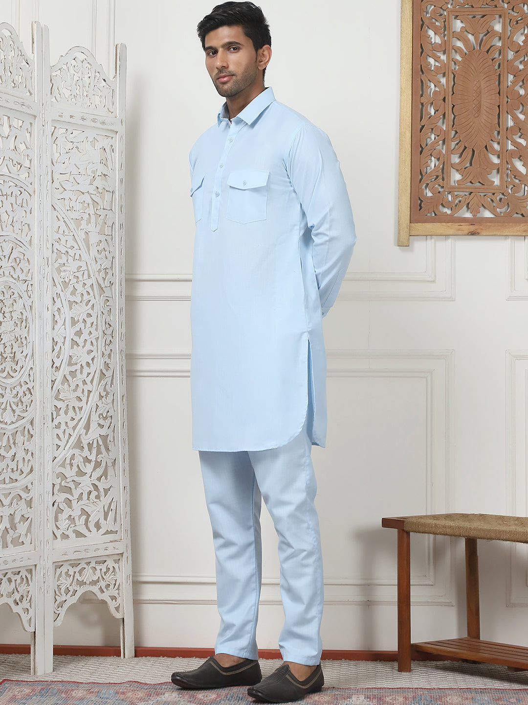 Men's Solid Pathani Kurta with Pyjama ( ANMKP 189Sky )