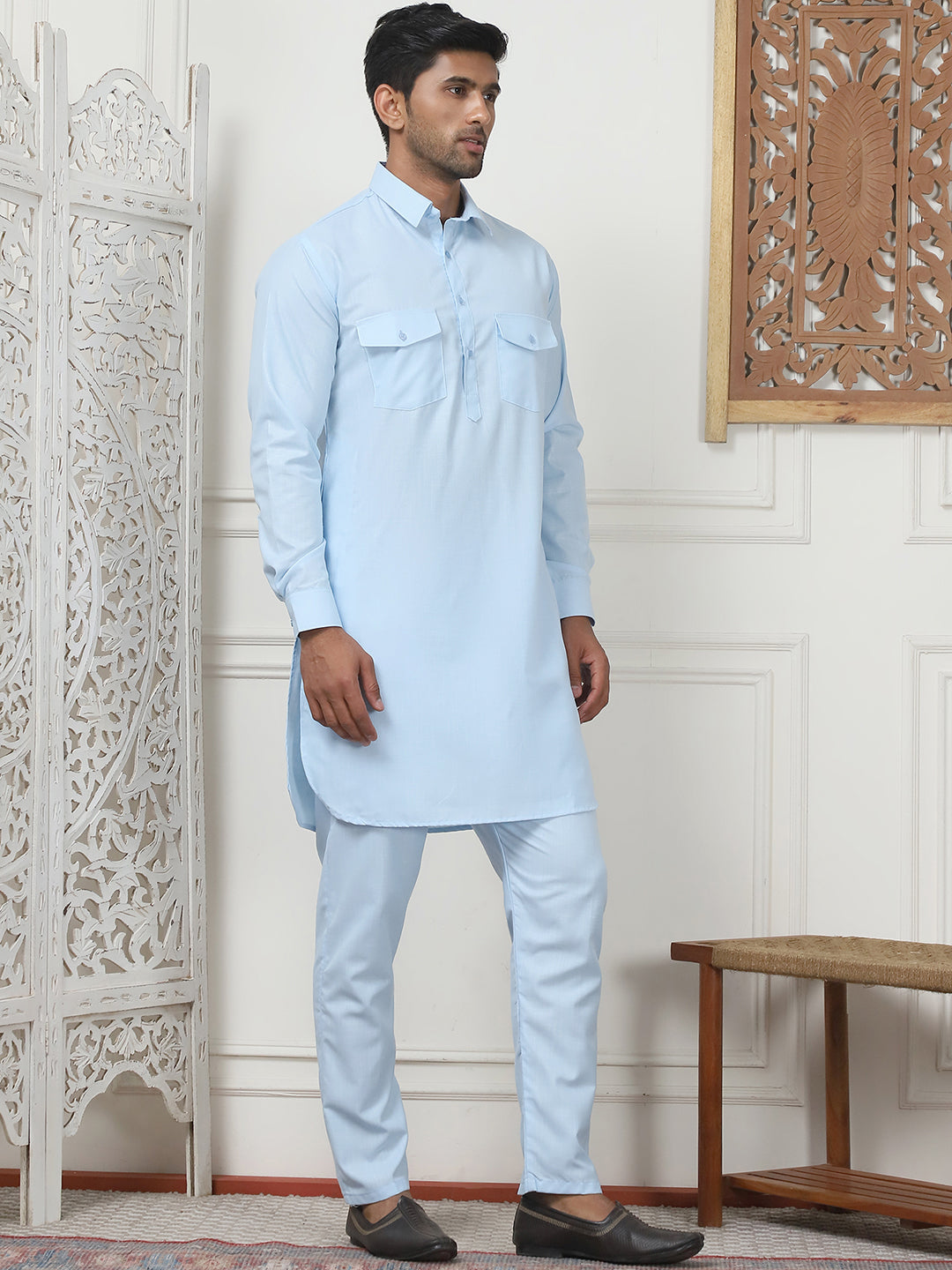 Men's Solid Pathani Kurta with Pyjama ( ANMKP 189Sky )