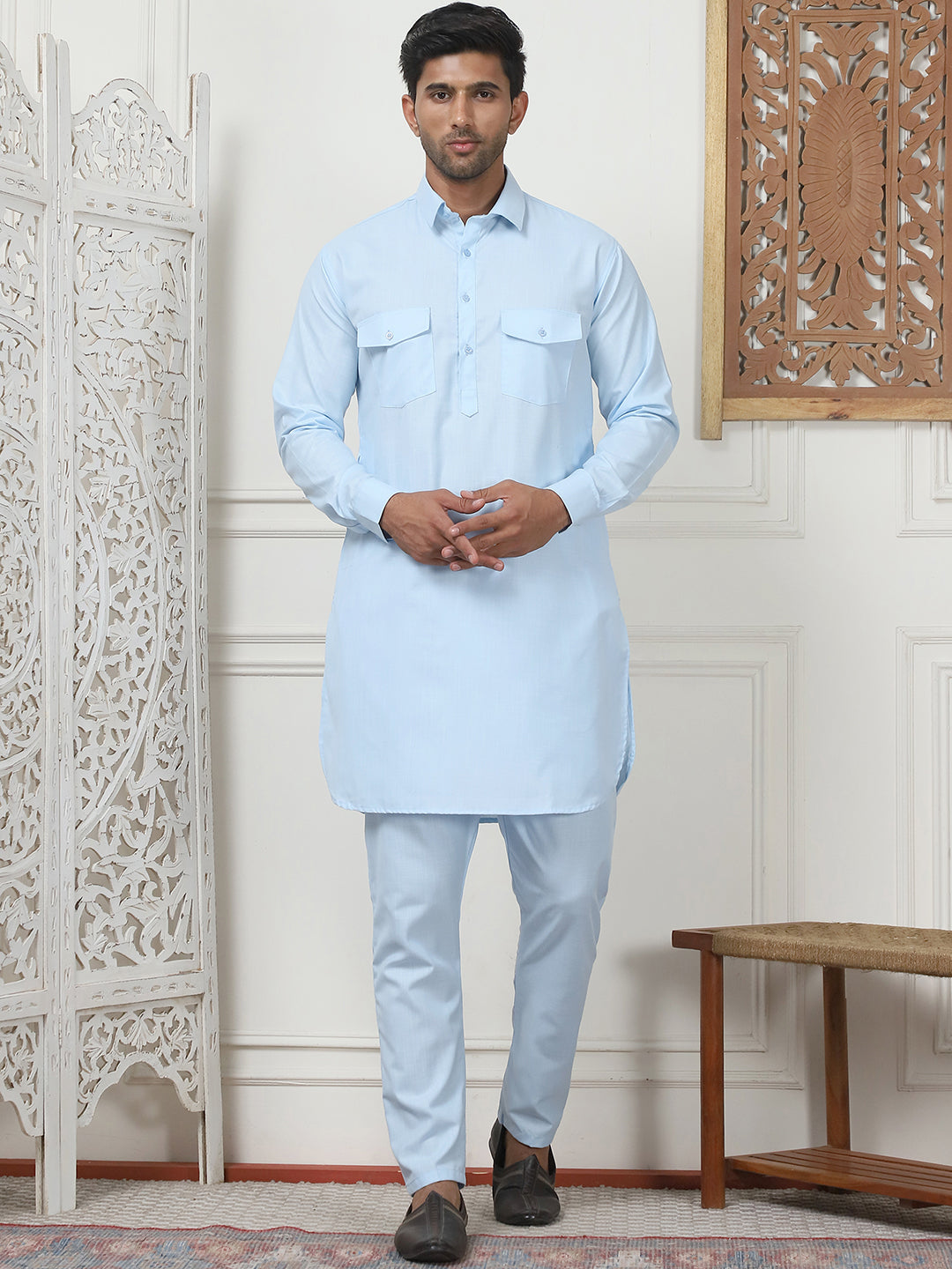 Men's Solid Pathani Kurta with Pyjama ( ANMKP 189Sky )