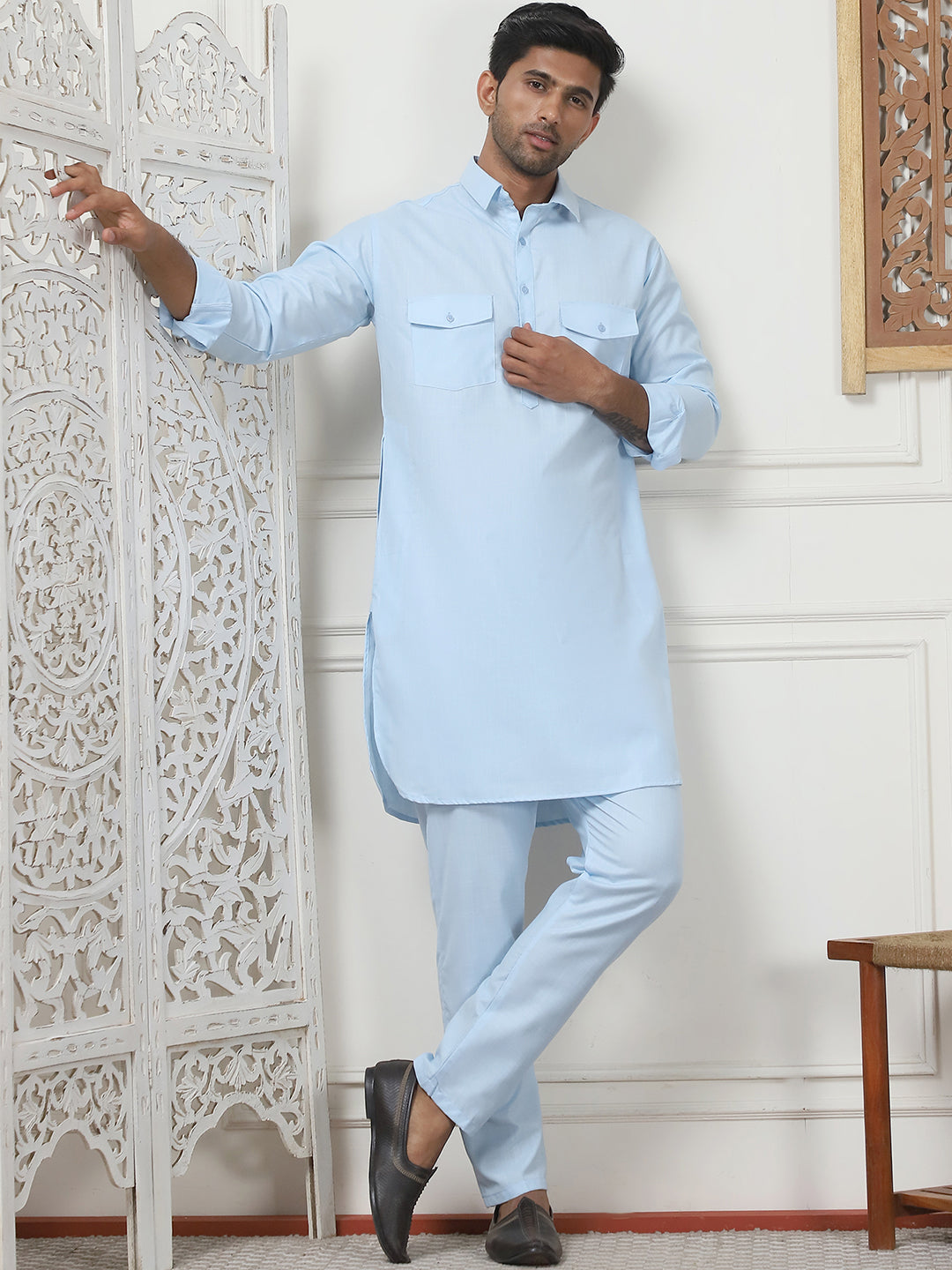 Men's Solid Pathani Kurta with Pyjama ( ANMKP 189Sky )