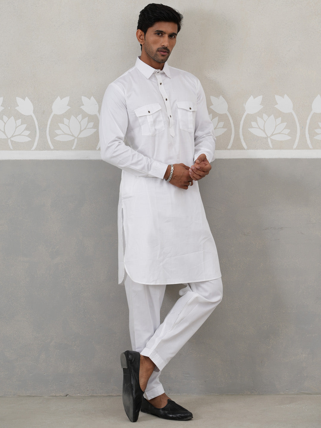 Men's Solid Pathani Kurta with Pyjama ( ANMKKP 189White )