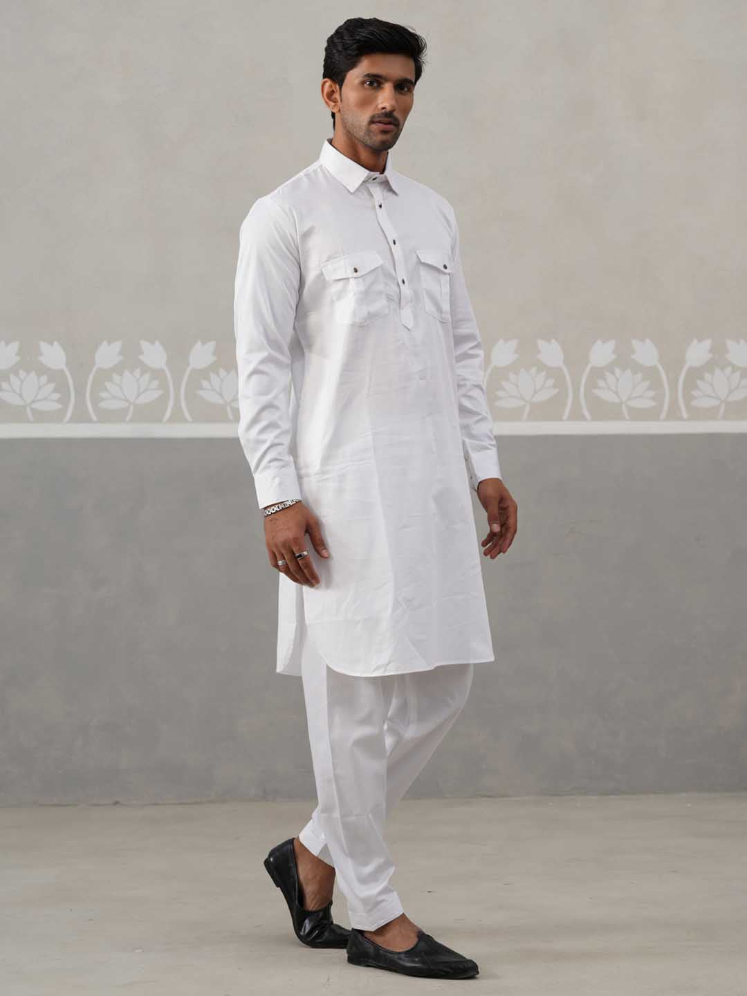 Men's Solid Pathani Kurta with Pyjama ( ANMKKP 189White )
