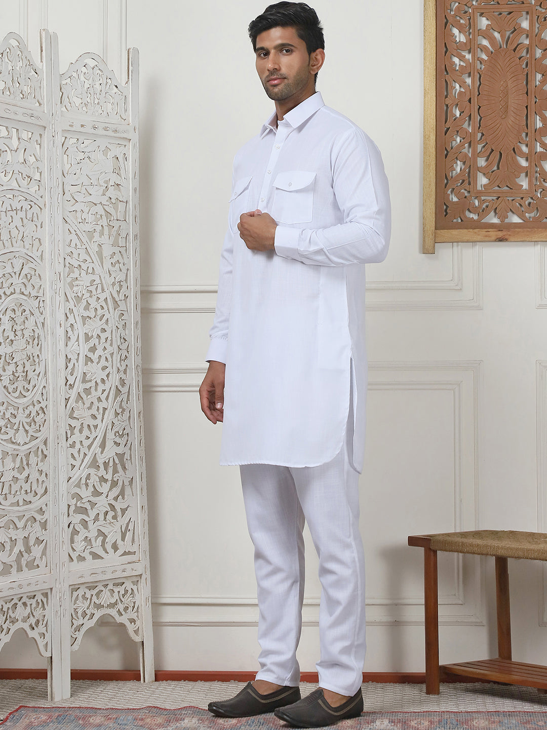 Men's Solid Pathani Kurta with Pyjama ( ANMKP 189White )