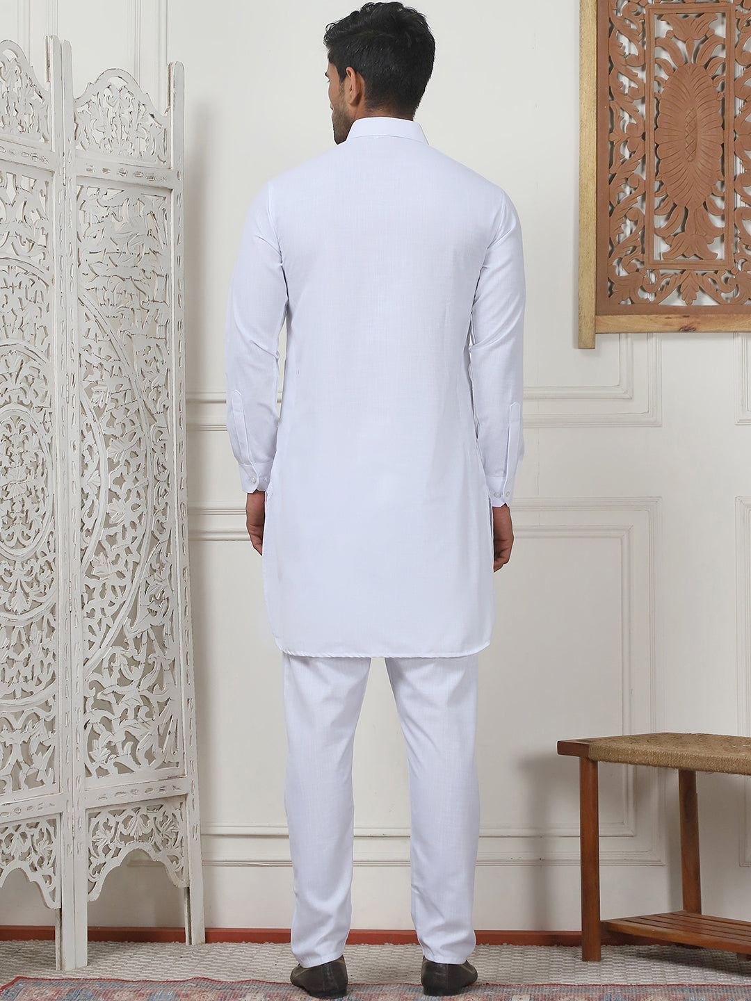 Men's Solid Pathani Kurta with Pyjama ( ANMKP 189White )