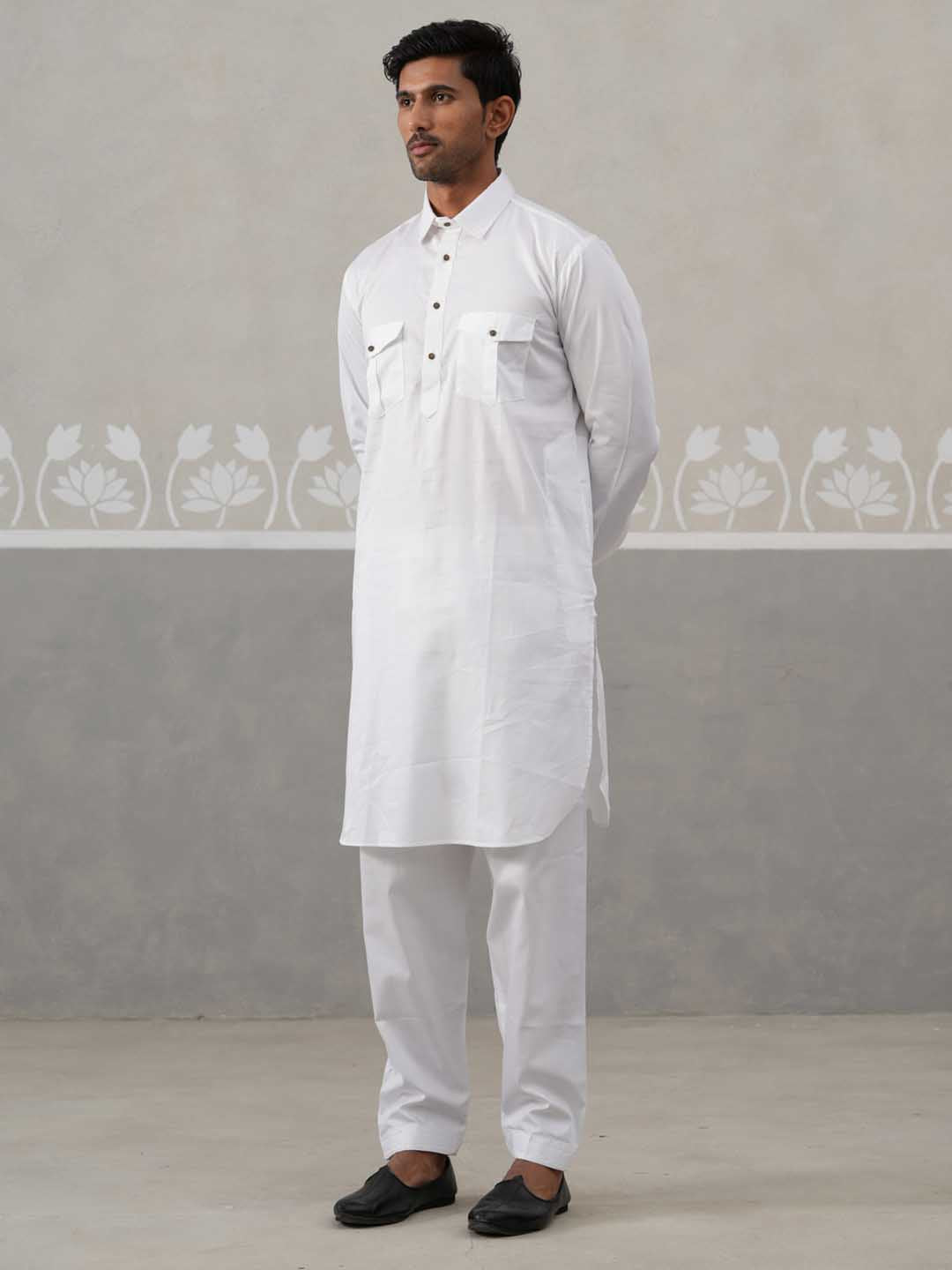 Men's Solid Pathani Kurta with Pyjama ( ANMKKP 189White )