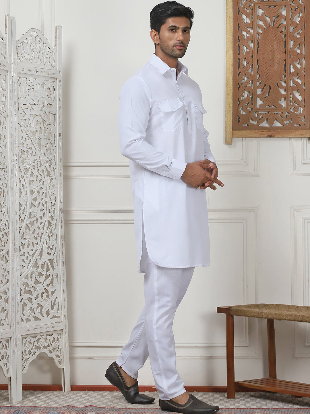 Men's Solid Pathani Kurta with Pyjama ( ANMKP 189White )